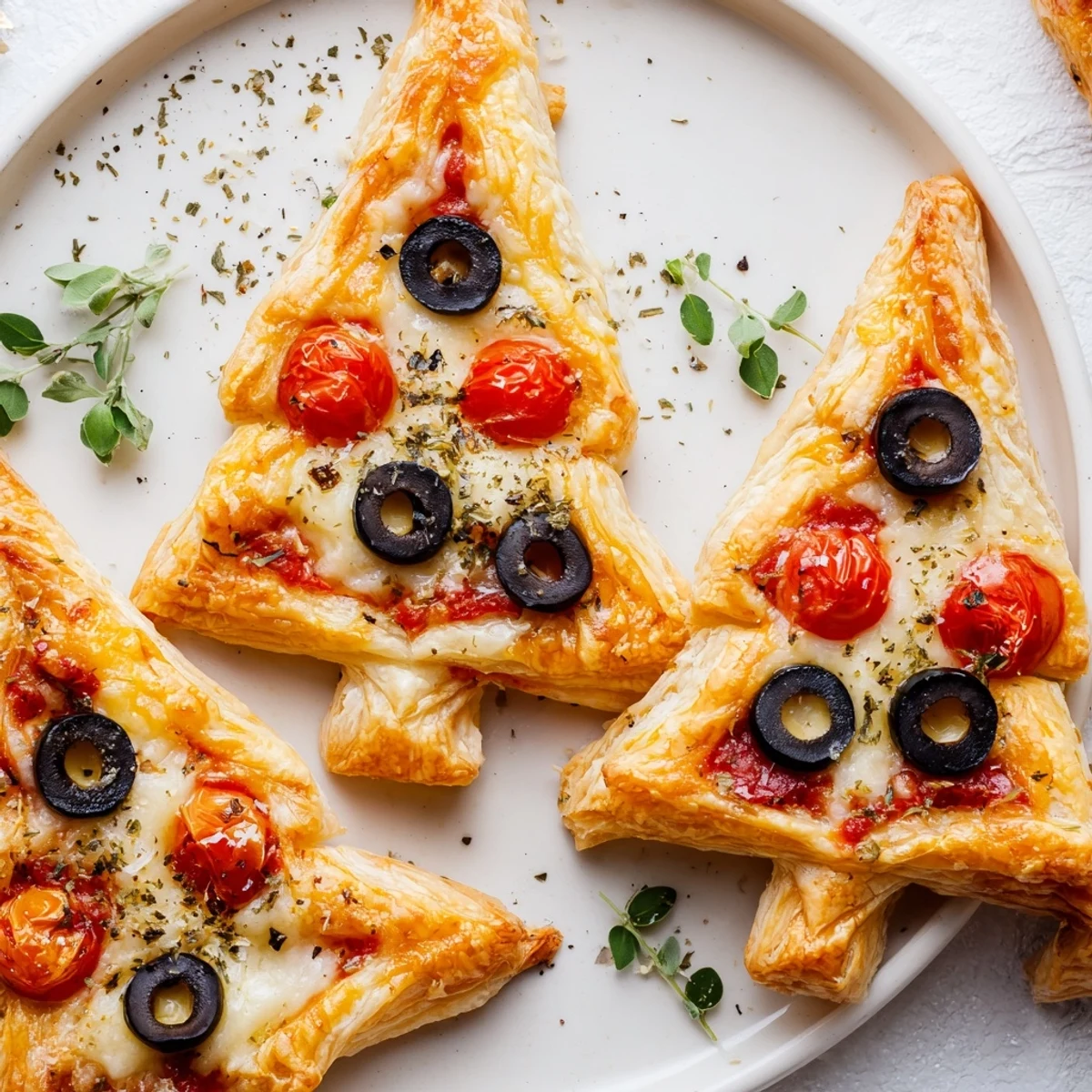 Golden, cheesy puff pastry Christmas Tree Pizza Bites, perfect for a festive, shareable appetizer dish.