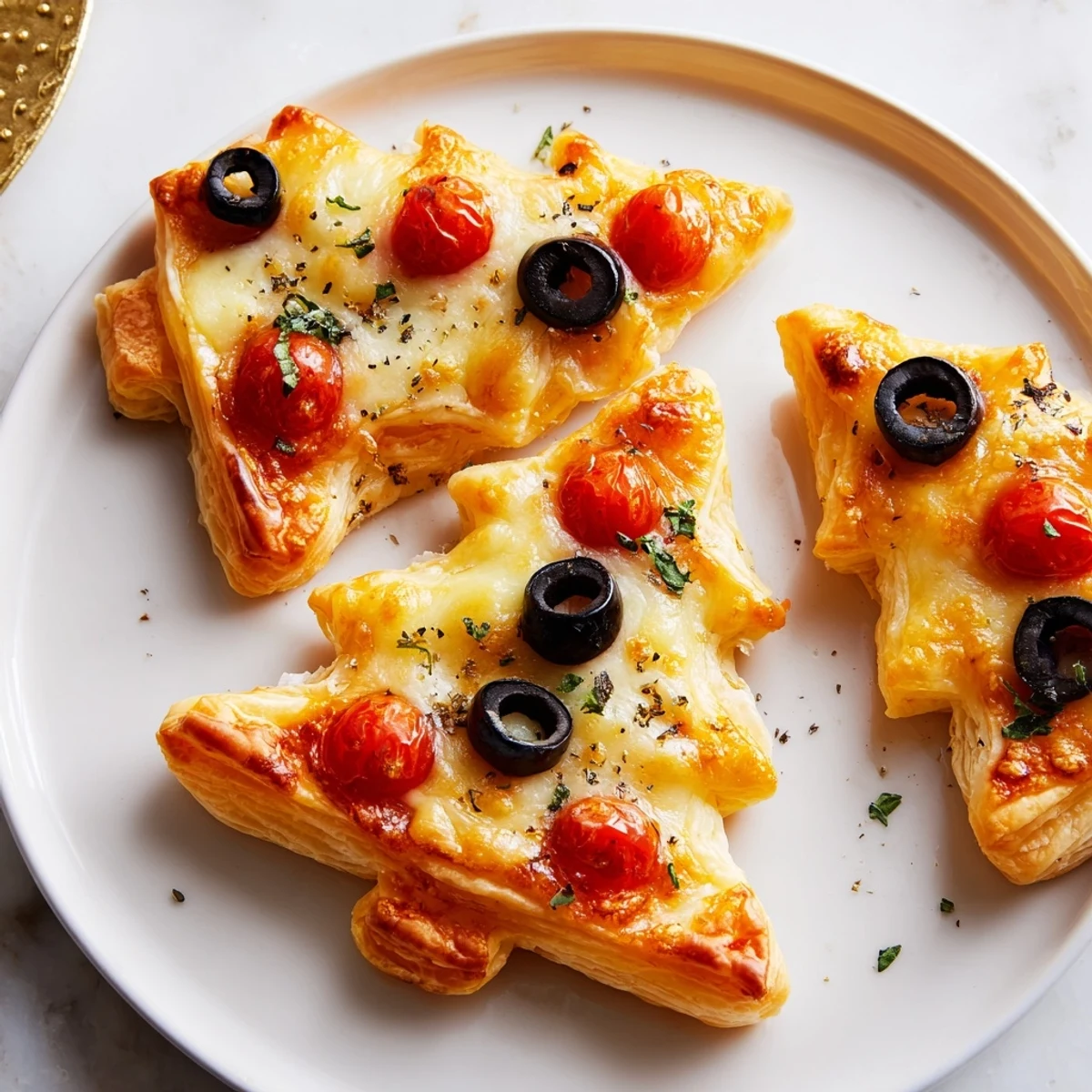 Individual puff pastry Christmas Tree Pizza Bites, Italian-inspired and topped with olives, fresh from the oven.