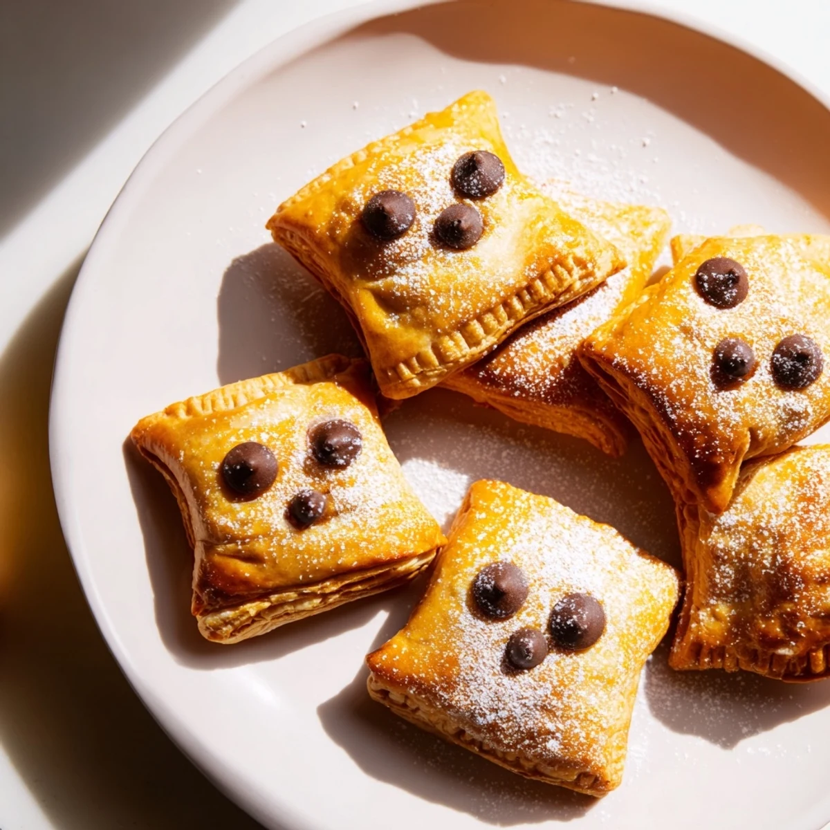 A close-up of flaky, baked Sleeping Gingerbread Puff Pastry Pockets, dusted with sugar and decorated as sleeping faces.