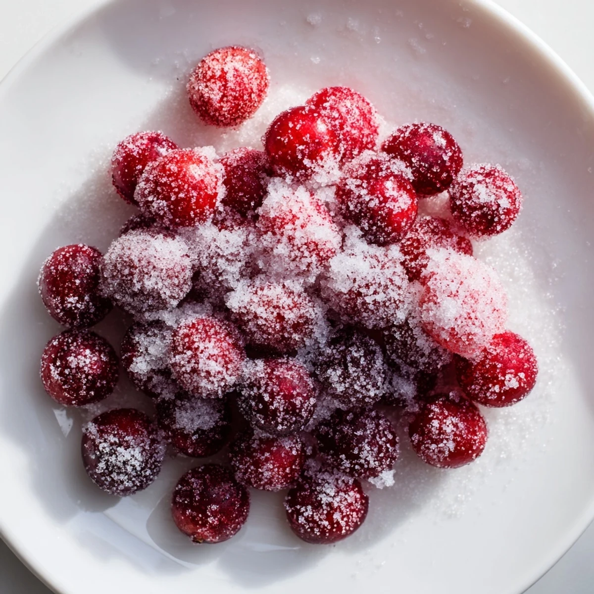 Ruby red, glistening 5-Minute Express Candied Cranberries ready for snacking or as a dessert garnish.