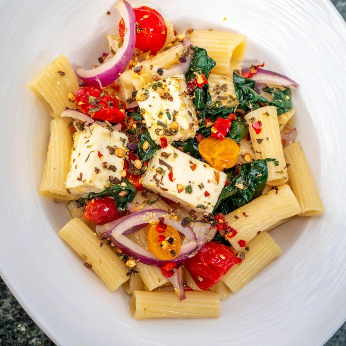 One-pan baked feta Christmas pasta, a vibrant mix of tomatoes and herbs, looks absolutely delicious.