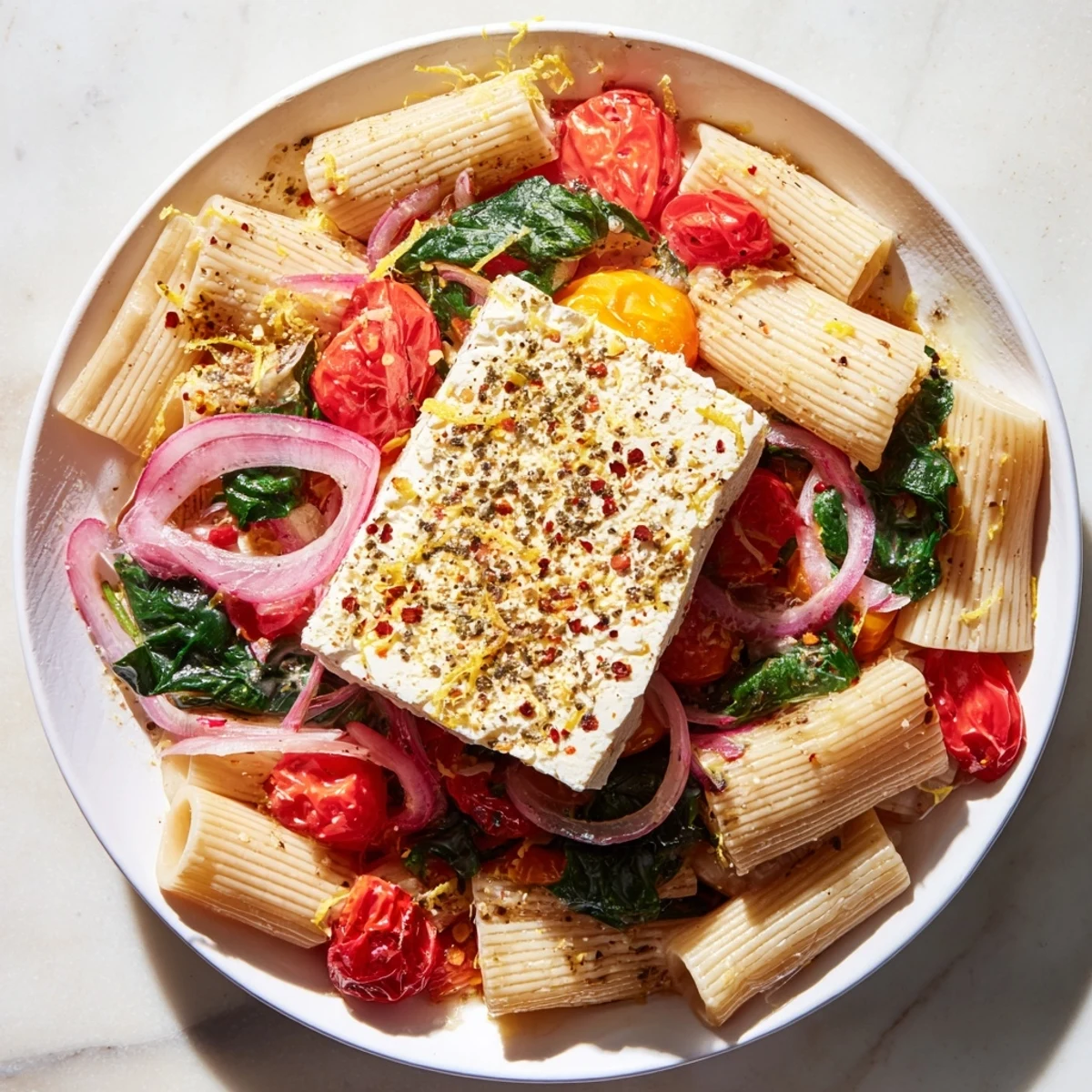 Creamy, cheese-covered one-pan baked feta Christmas pasta, perfect for a cozy vegetarian dinner tonight.