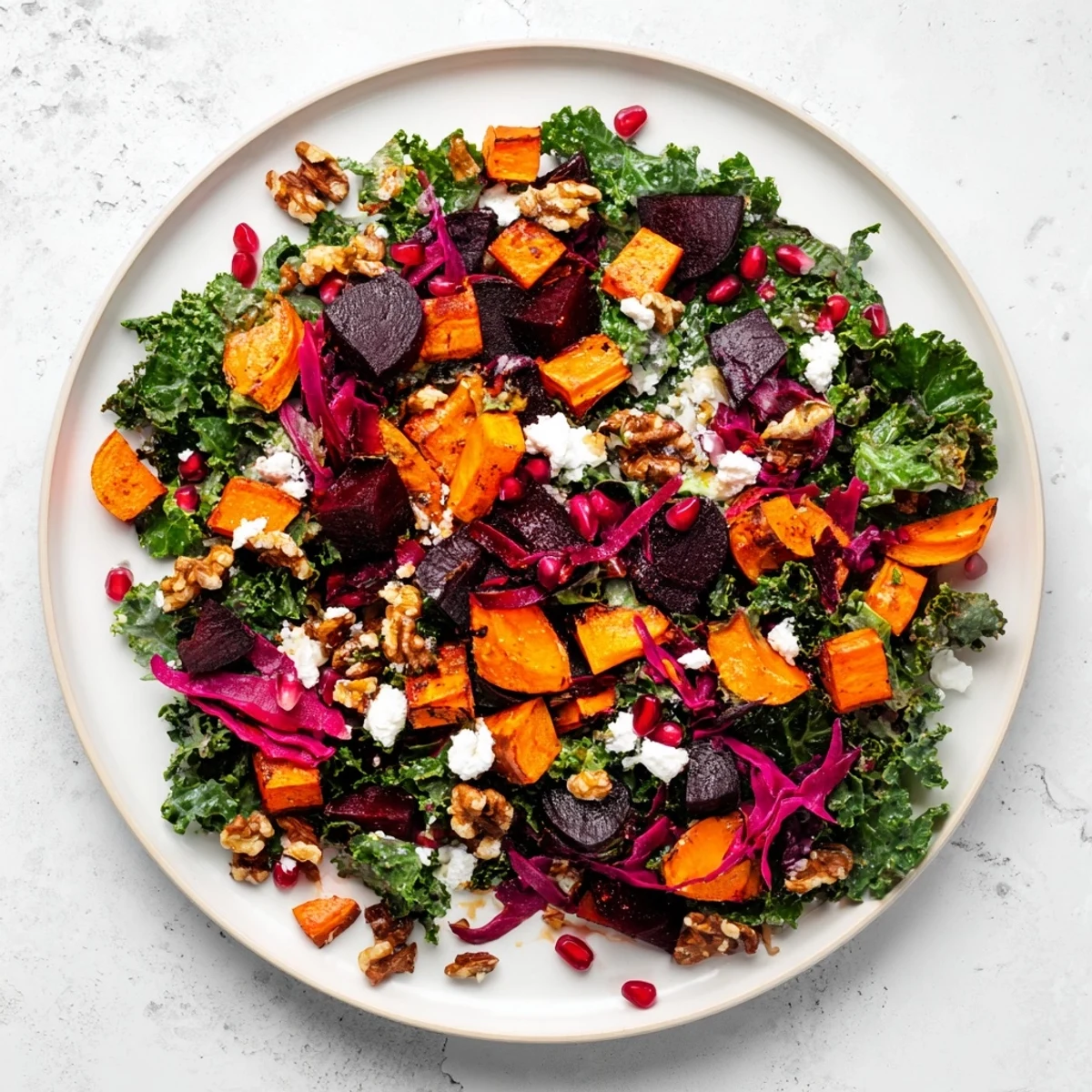 Close-up of a vibrant Hot Girl Winter Salad featuring roasted root vegetables, ready to eat.