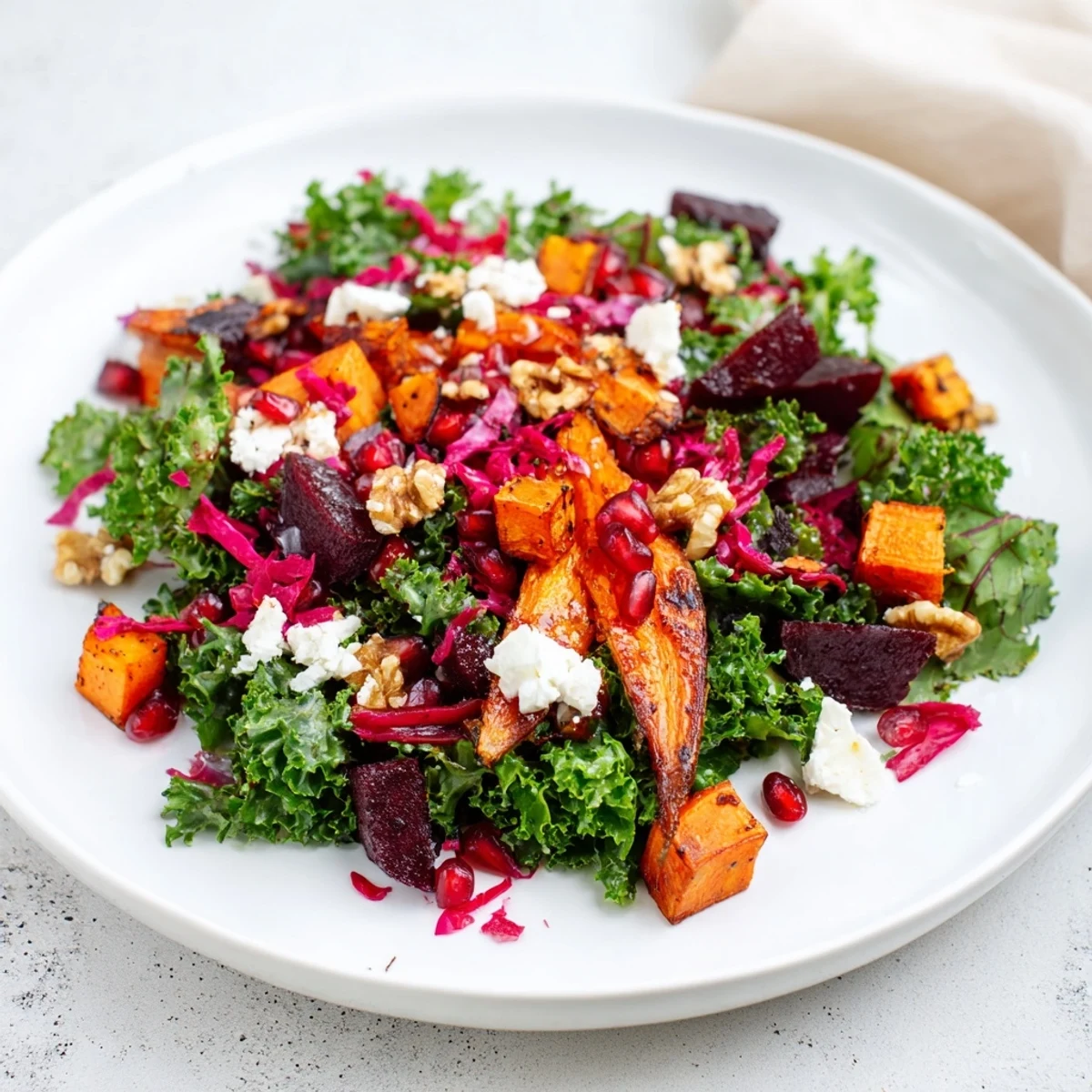 Beautifully plated Hot Girl Winter Salad with colorful roasted veggies and a tangy citrus dressing.