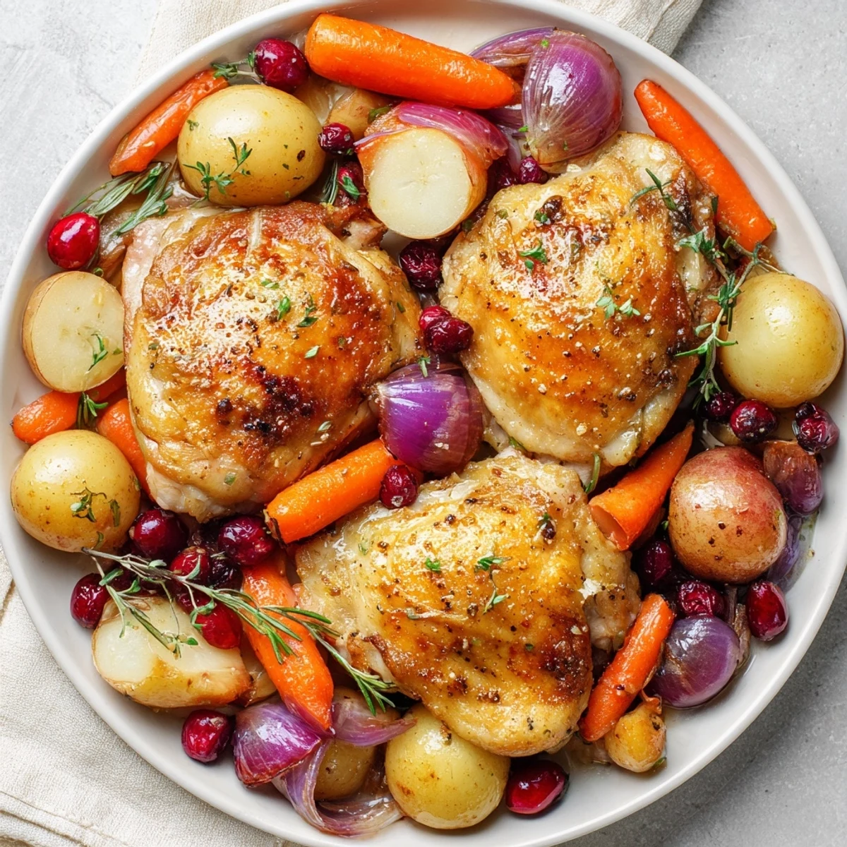 This beautiful image showcases a warm, delicious One-Pan Olive Oil Roast Chicken with glistening skin and roasted veggies.