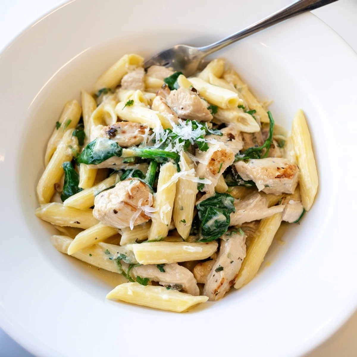 This cozy photo showcases the delicious one-pot creamy spinach & turkey pasta, ready to serve.