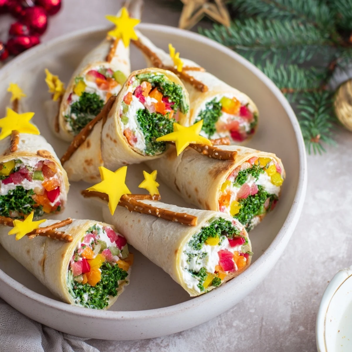 Air Fryer Christmas Tree Veggie Tortilla Wraps: golden, crispy, holiday appetizers with colorful vegetables and cheese.