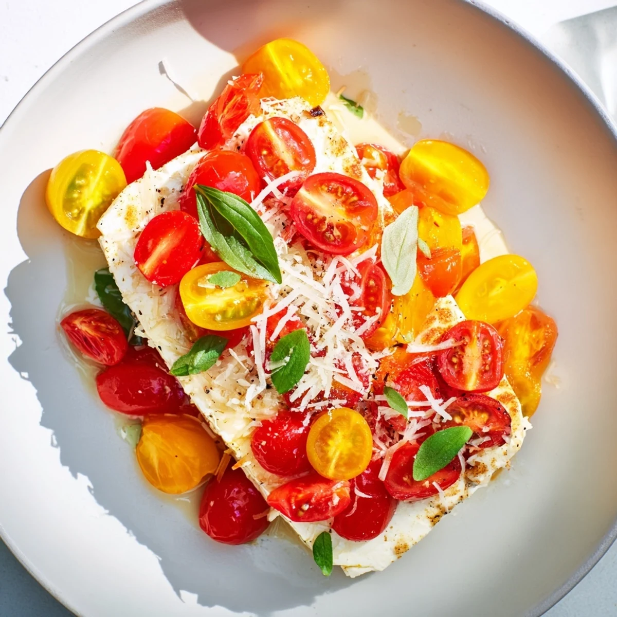 Baked Feta Snowfall Cherry Tomato Christmas Pasta, bubbling hot with roasted tomatoes and creamy feta.