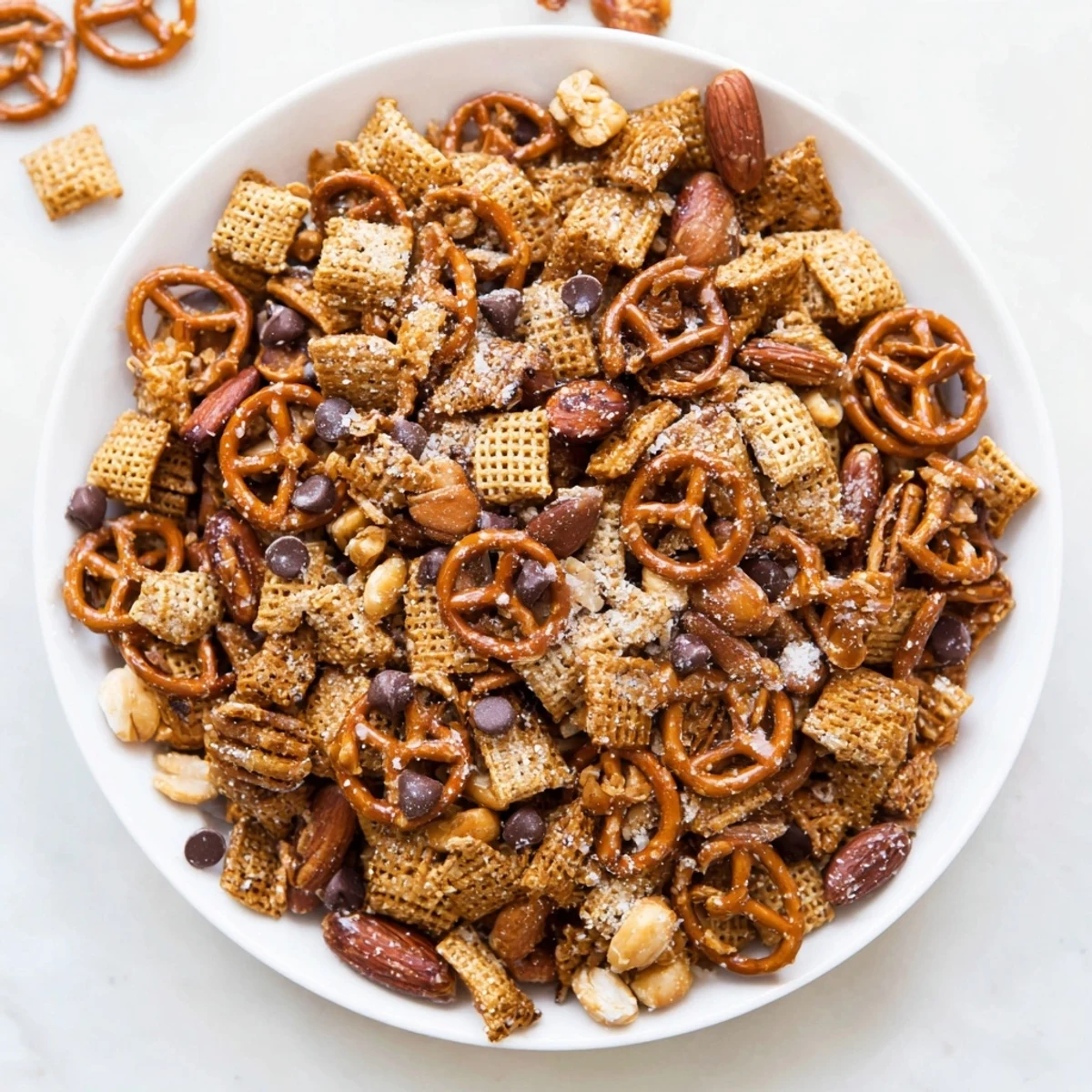 Close-up of Festive Pine Cone Snack Mix, a sweet and savory, textural holiday treat ready to serve.