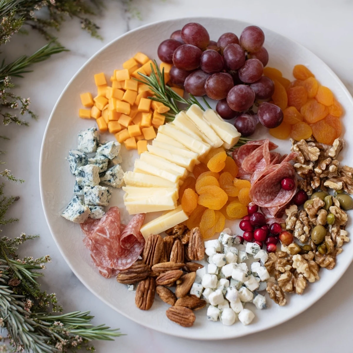 A colorful Holiday Wreath Cheese Platter overflowing with cheeses, fruits, and meats, beautifully arranged.