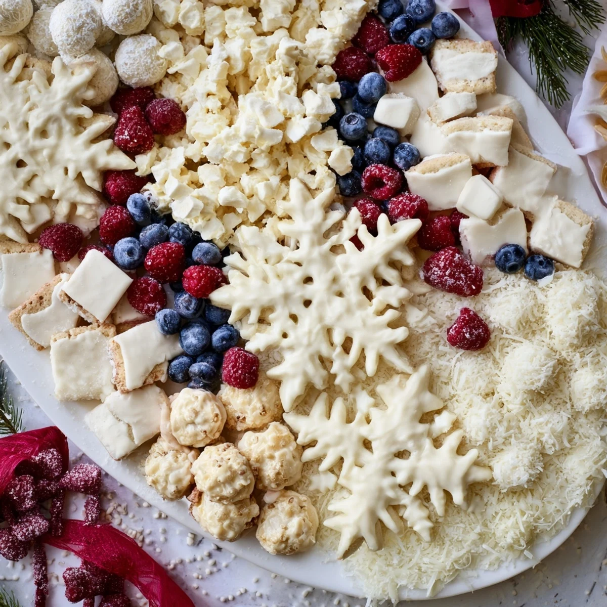 A beautifully arranged Snowflake Dessert Board with sugared cranberries and white chocolate delights.