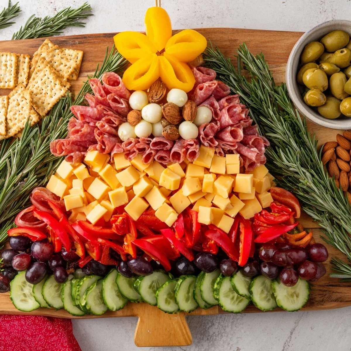 Beautifully arranged Christmas Tree Snack Board: a festive appetizer platter with colorful, delicious ingredients.