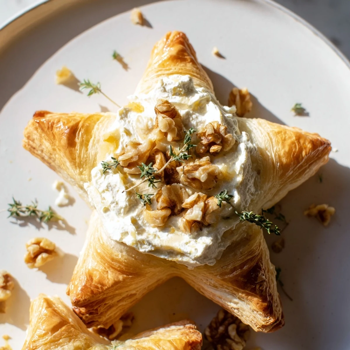 Golden puff pastry Starry Night New Years Appetizers topped with creamy goat cheese and walnuts, perfectly crispy.