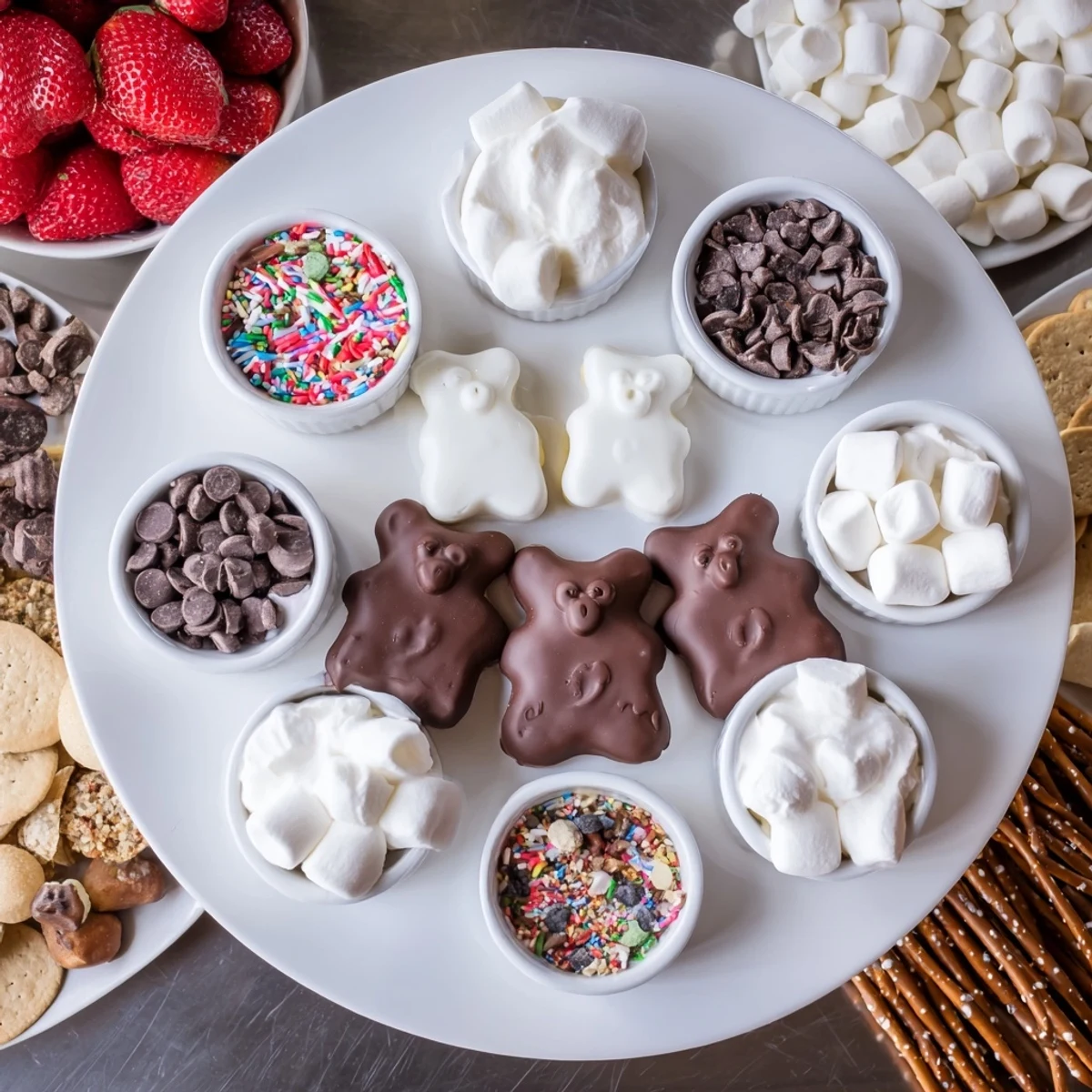 This Cozy Bear Hot Cocoa Board is loaded with dippable treats like cookies and pretzels for winter fun.