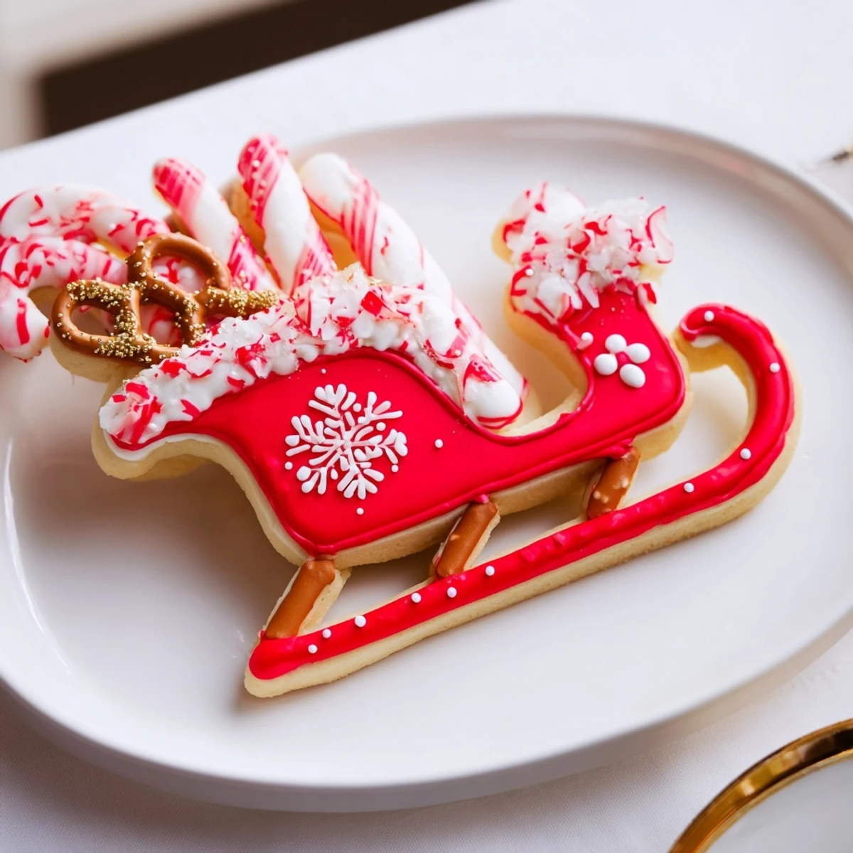 A vibrant Santa's Sleigh Cookie Display filled with festive, decorated sugar cookies ready to eat.
