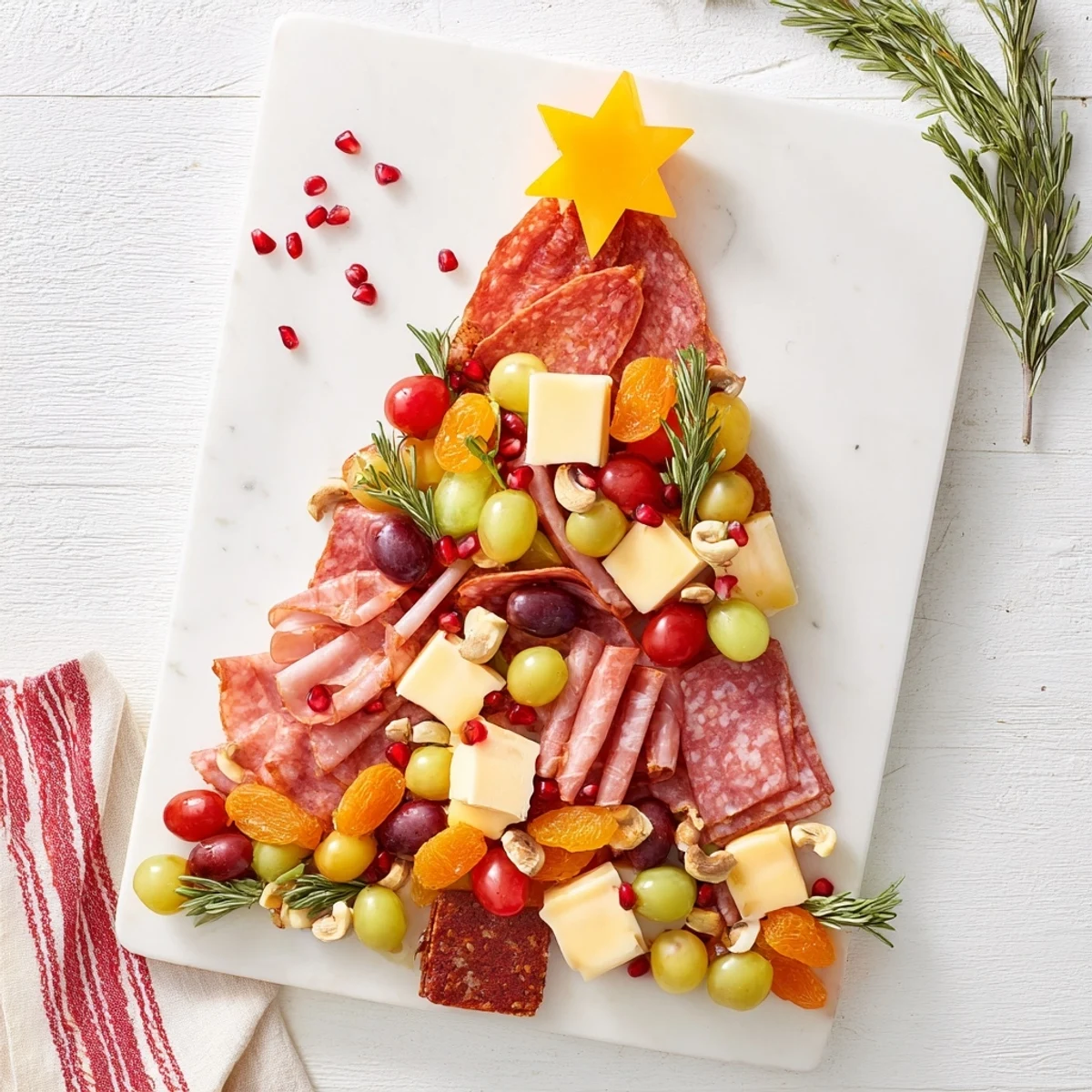This beautiful Christmas Tree Charcuterie Dream tempts with various textures, from creamy cheese to crunchy nuts.