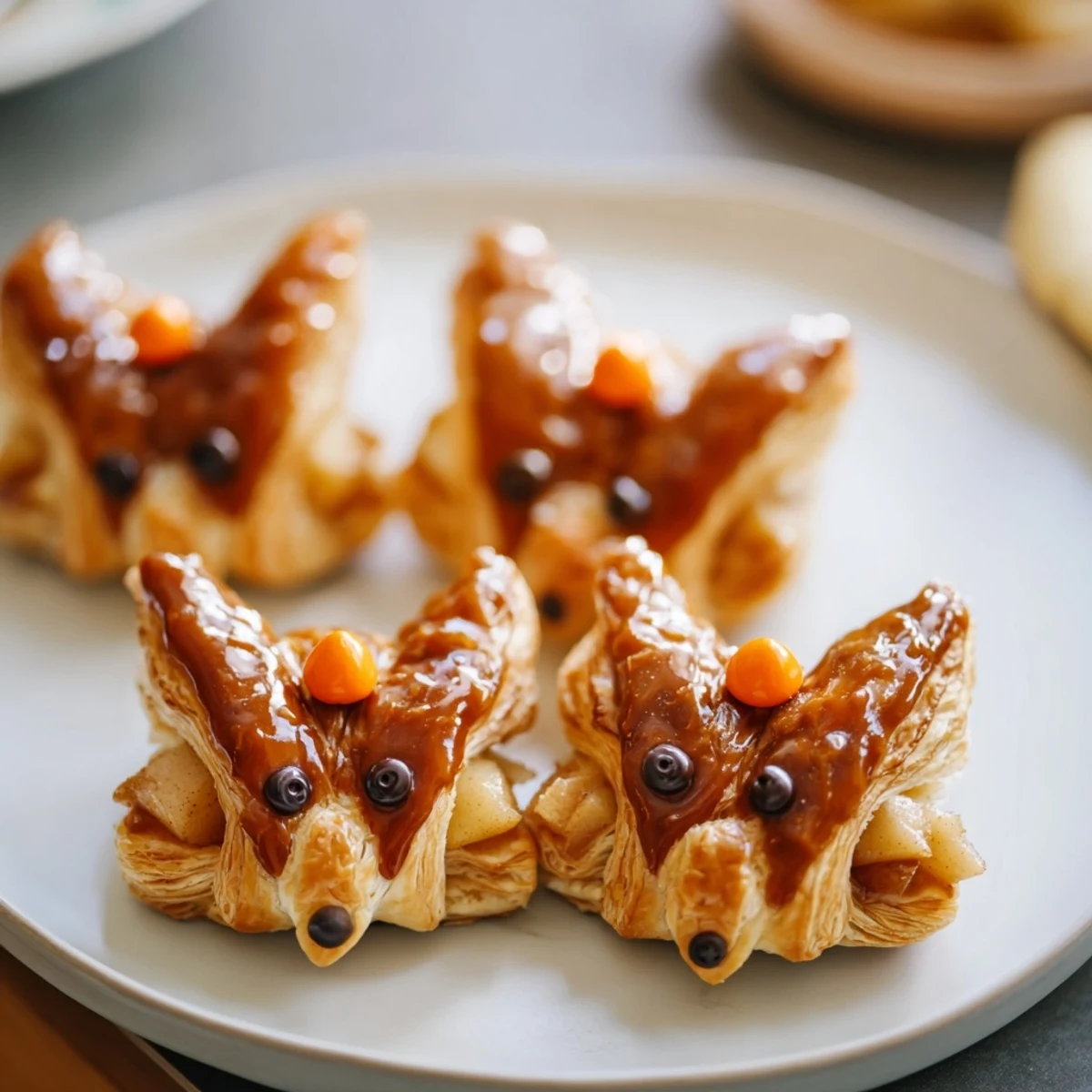 Golden-brown Autumn Harvest Fox-Shaped Bites, sweet and flaky, filled with spiced apples and pears.