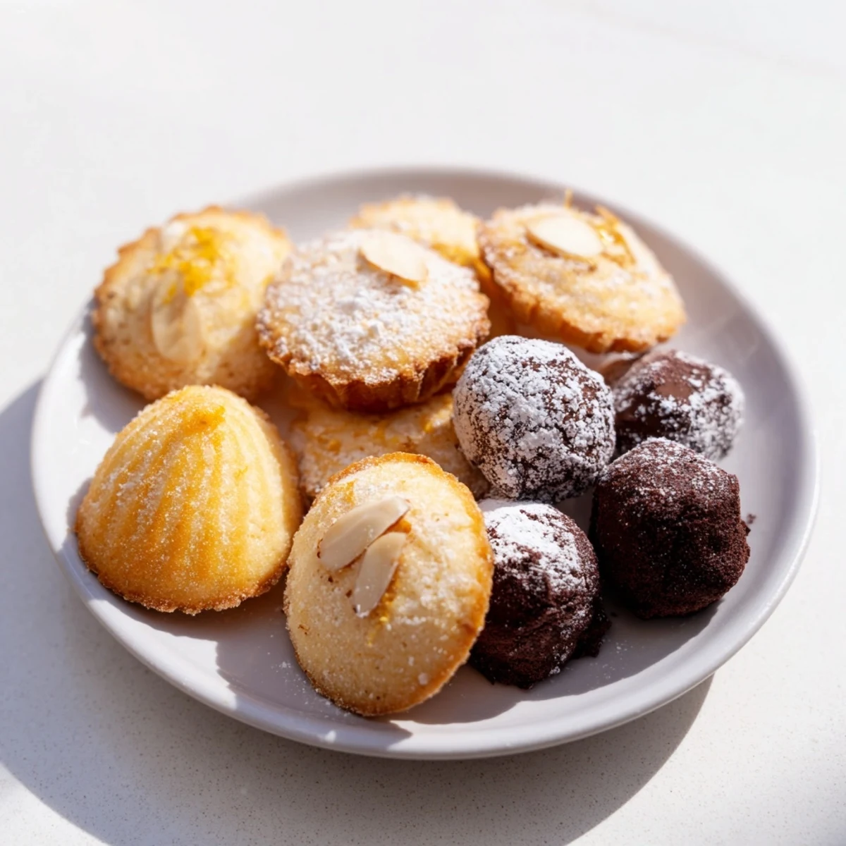 These delicate Mignardises Bonne Année 2026 features chocolate truffles, tiny madeleines, and almond financiers.