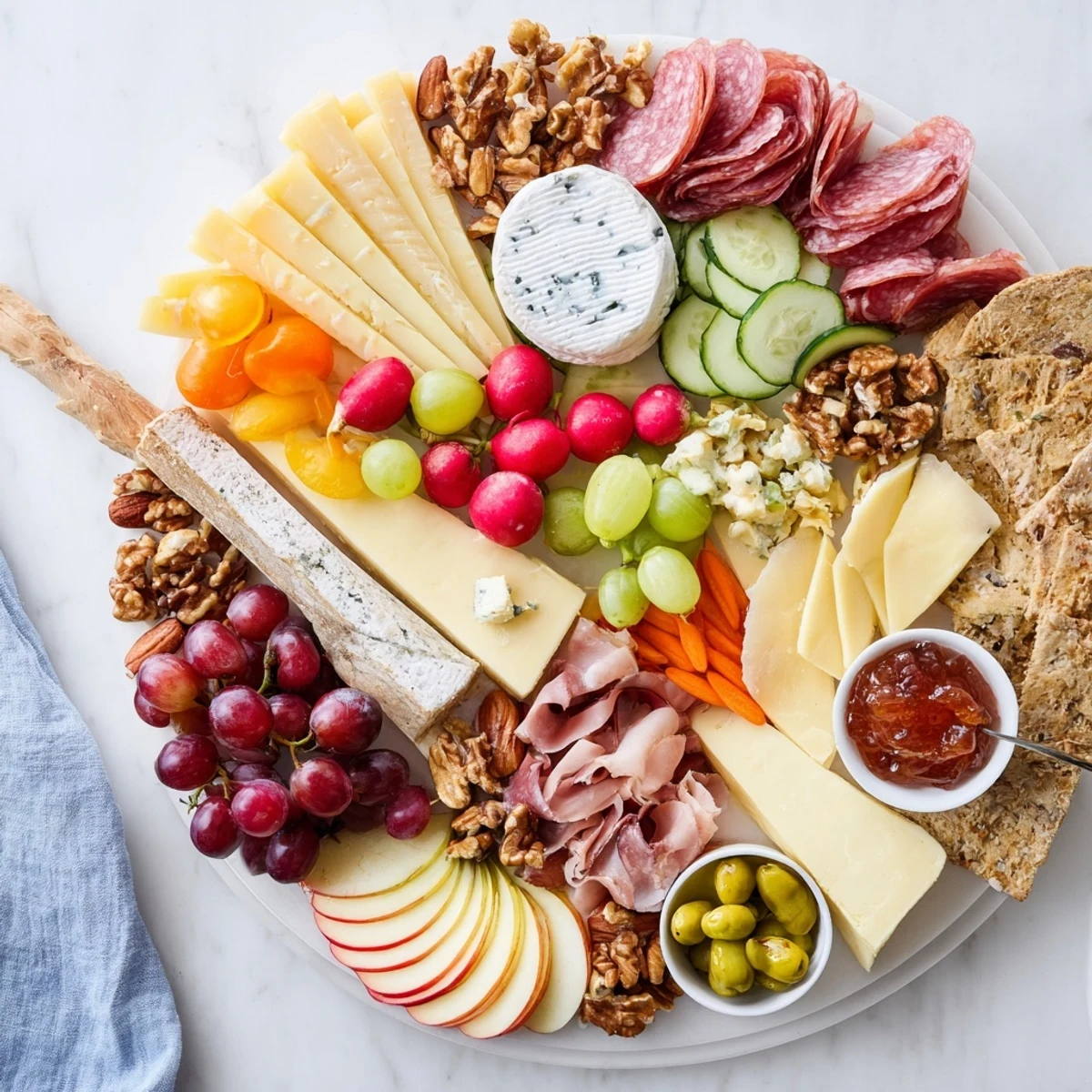 Cheval Heureux Snack Board: A colorful grazing platter with cheeses, charcuterie, fruits, and crackers, beautifully arranged.