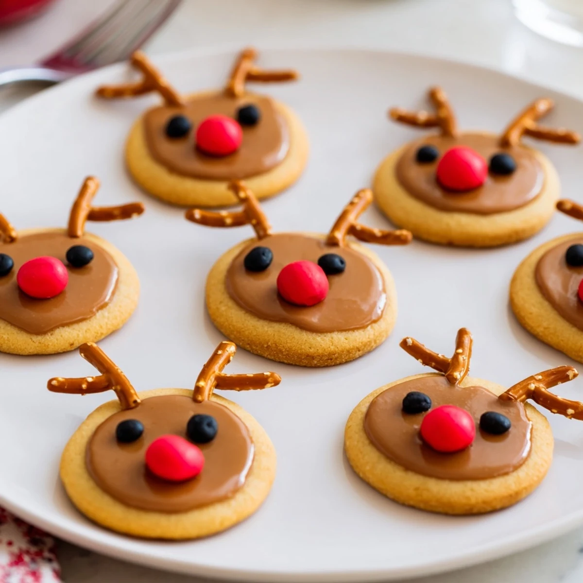 A colorful platter of Santa's Reindeer Cookies, each decorated with pretzels and candy.