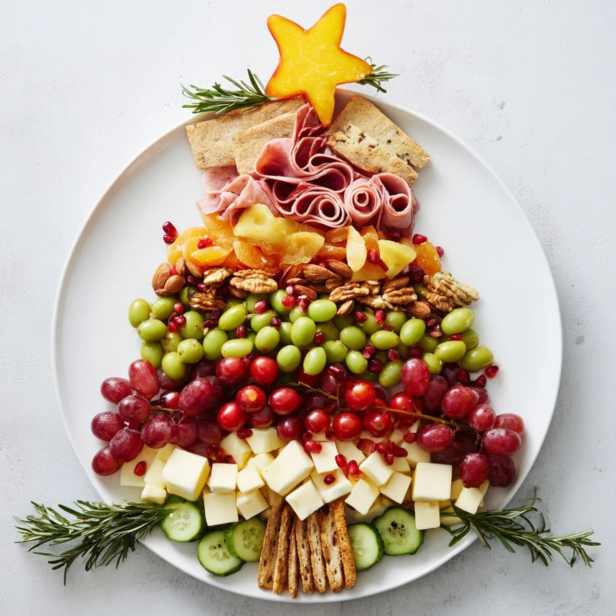 This vibrant Festive Holiday Tree Appetizer Platter features a delicious assortment of cheeses, fruits, and meats.