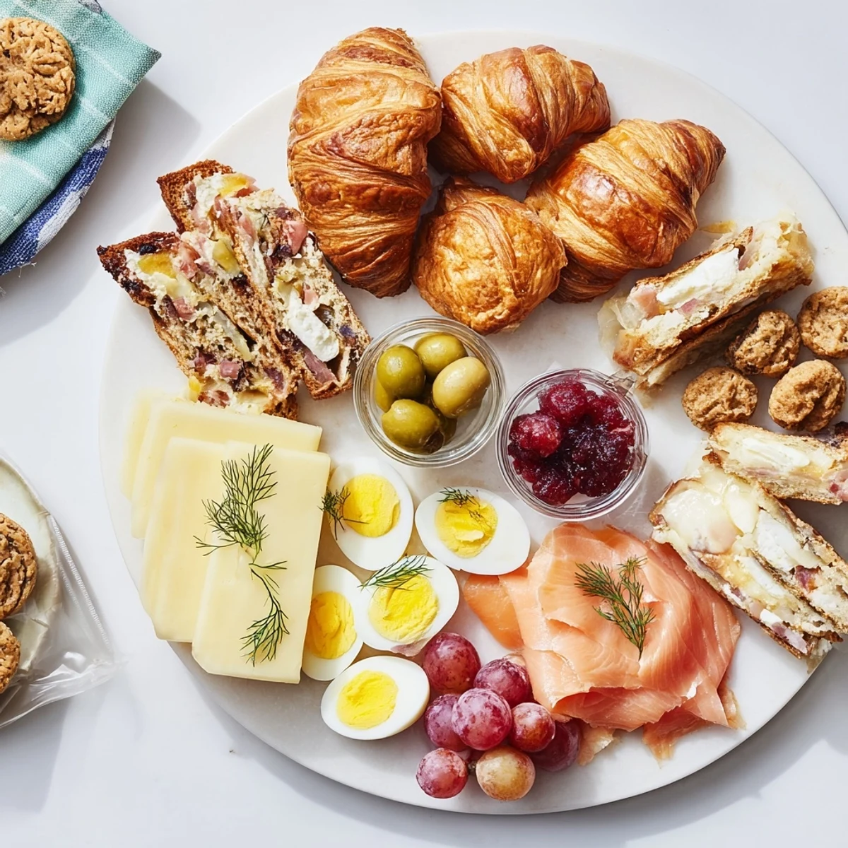 Christmas Brunch Gift Box, showcasing sweet croissants, smoked salmon, and fruit arranged artfully.