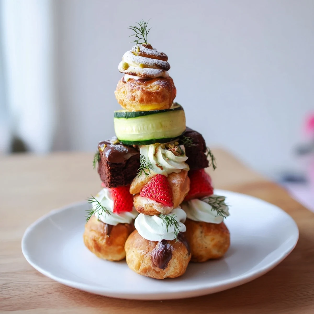 Luscious Tour dÉléphant Goûter Gourmand layers with fresh strawberries, cream, and baked delights ready to serve.