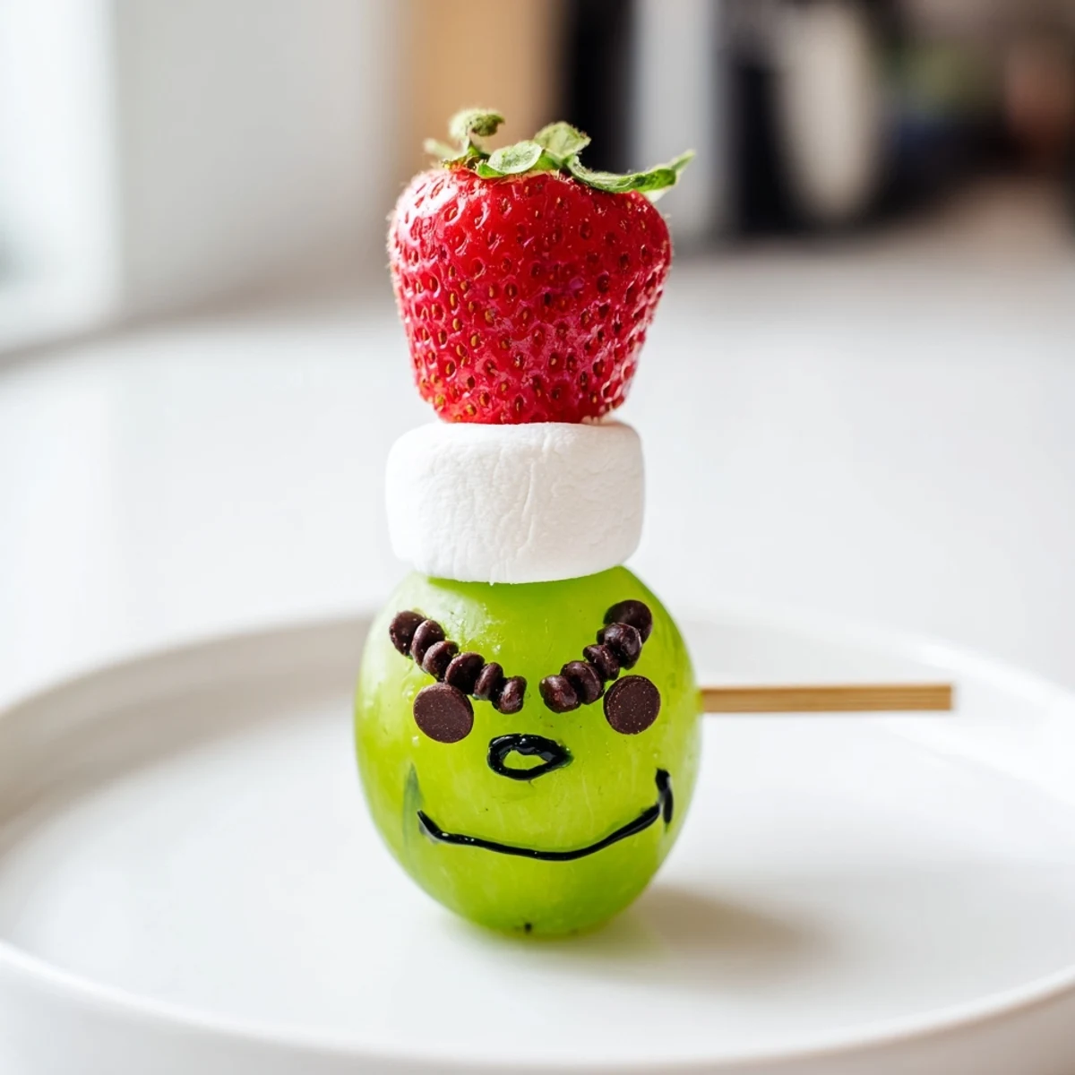 Grinch Snack: a fun edible face, green grape body with marshmallow hat and features.