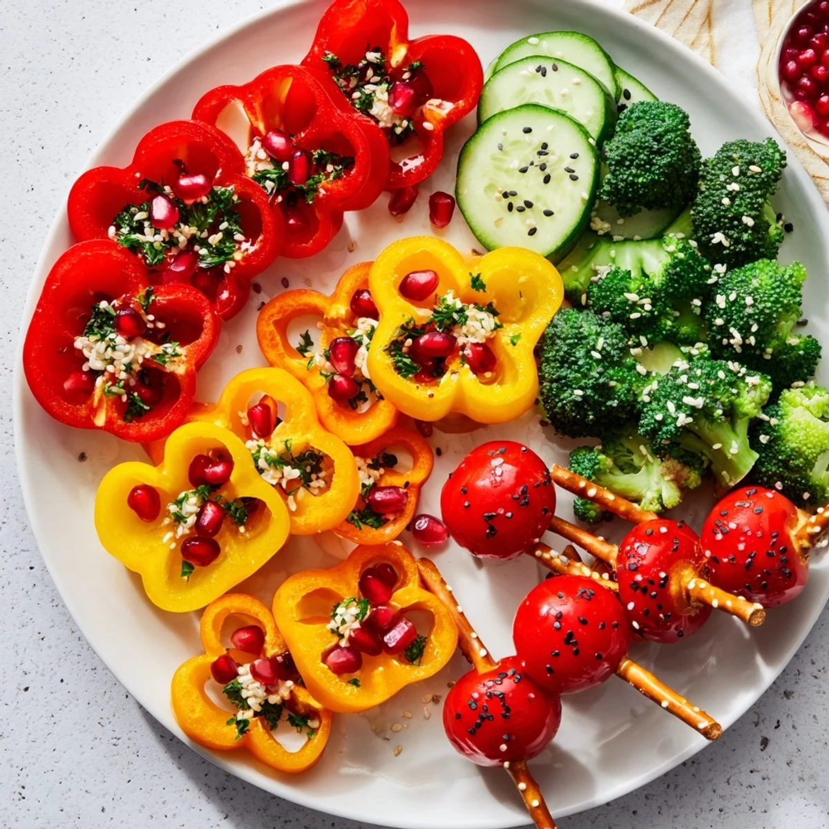 Festive Themed Crudités: Veggie Christmas Ornament Dippers arranged on a platter, ready for dipping.