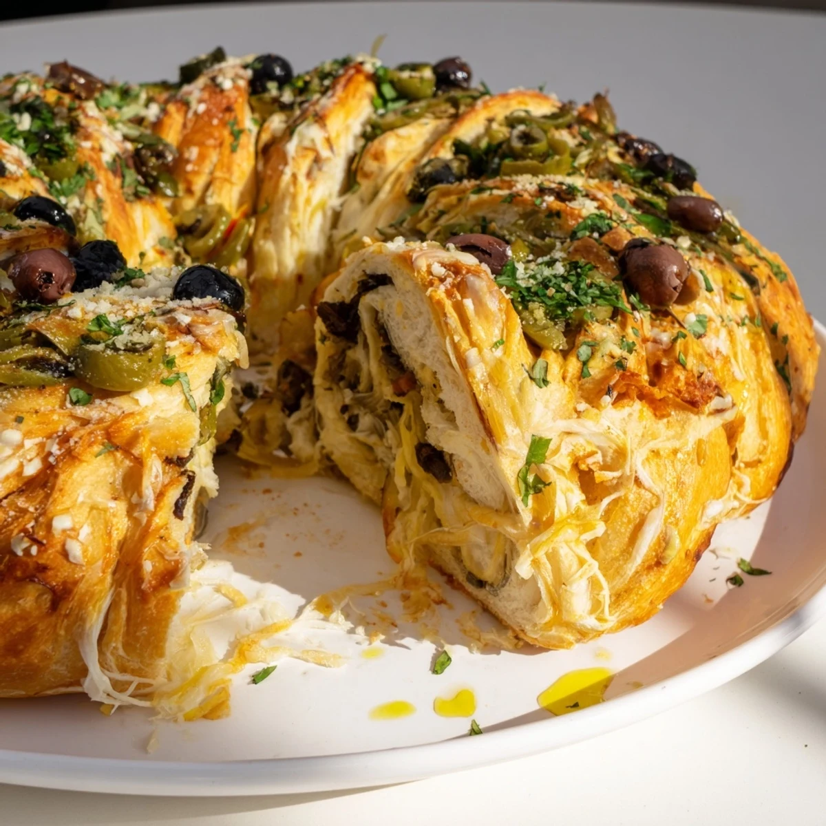 Golden-brown Savory Herb and Cheese Olive Wreath, ready to be pulled apart and devoured.