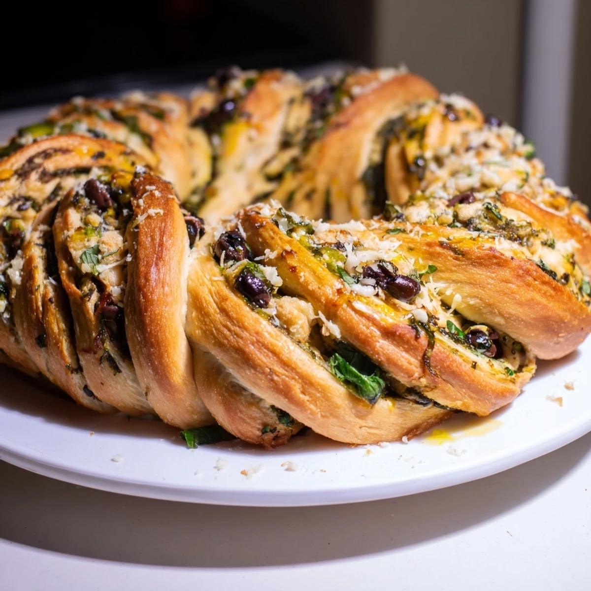 Fragrant, freshly baked Savory Herb and Cheese Olive Wreath, with a generous cheese and olive filling.