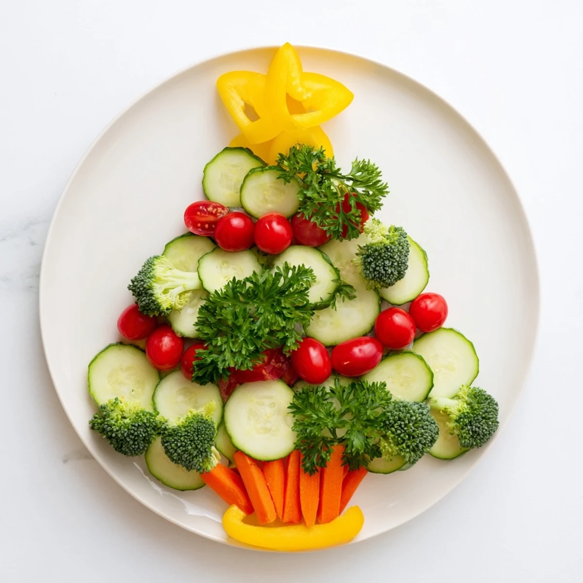 Festive Tree Cucumber Tomato Platter with vibrant tomatoes and cucumbers, ready to be enjoyed!