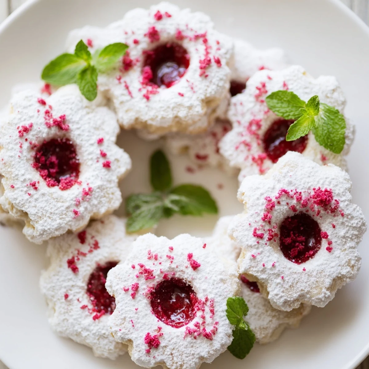 Freshly baked Sweet Wreath cookies showcase a dazzling, holiday-ready arrangement with bright red raspberry jam.