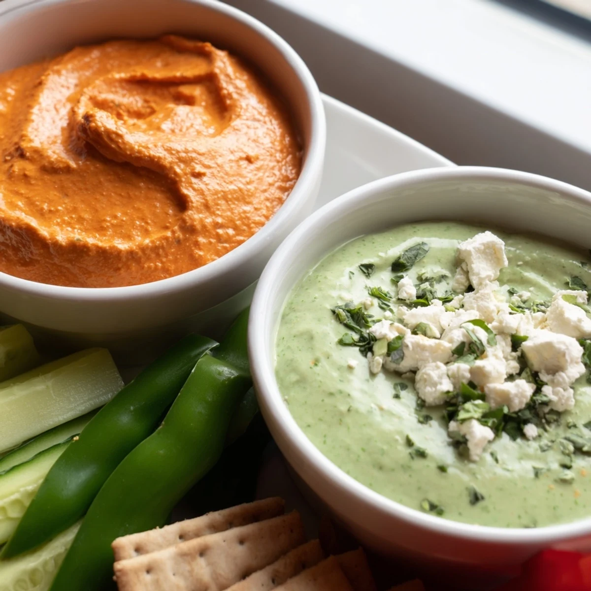 Festive Dip Duo Board: A colorful arrangement of red pepper and green goddess dips with fresh dippers.