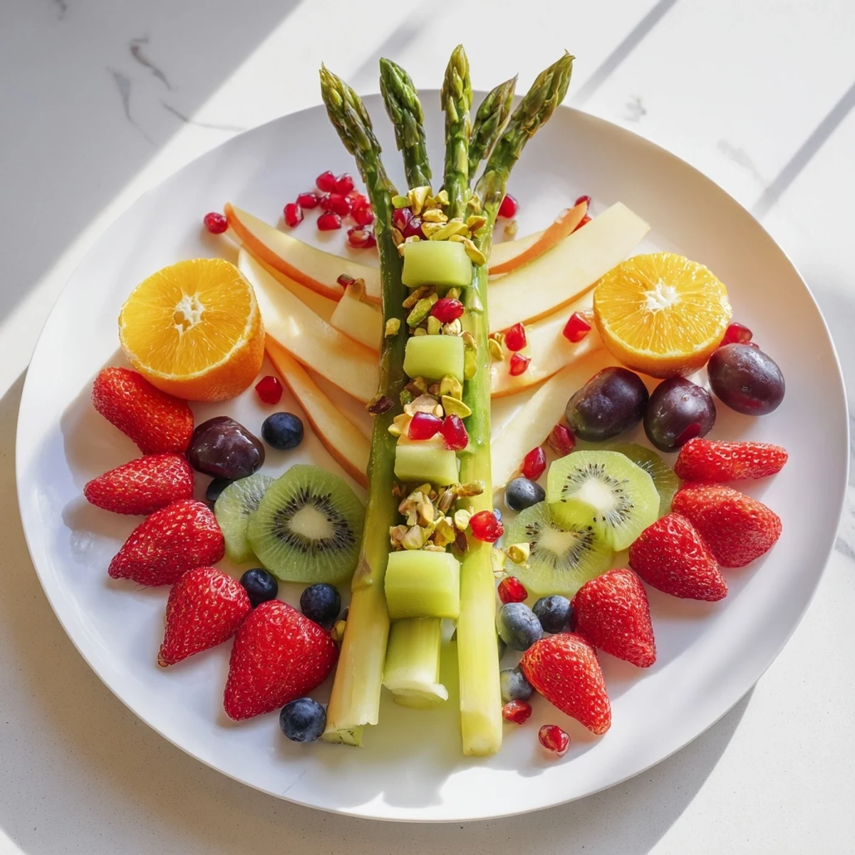 Imagine this artistic Asparagus Stem Floral Fruit Board loaded with refreshing fruits, the perfect appetizer center piece.
