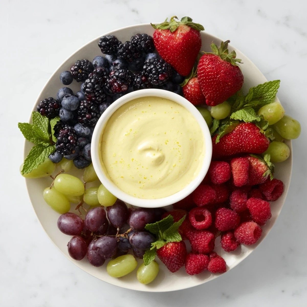 A colorful Mistletoe Kiss Berry Dip Board features fresh fruit and a creamy, delectable dip for your party.