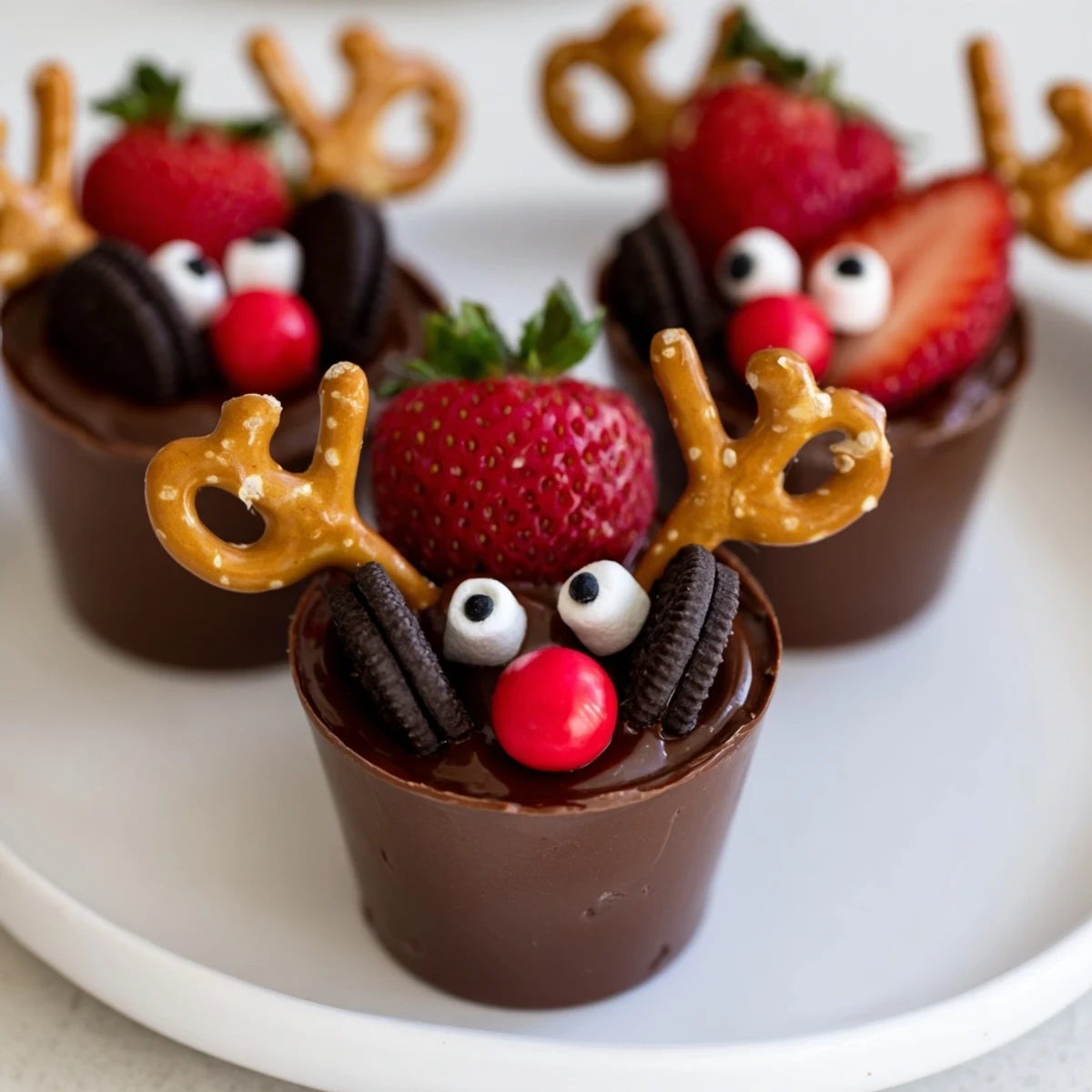 Decadent chocolate reindeer pudding cups on a fun dessert board, perfect for holiday celebrations.