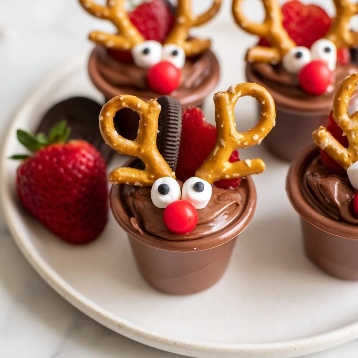 Visually appealing photo of chocolate reindeer pudding cups surrounded by tasty treats, ready to eat.