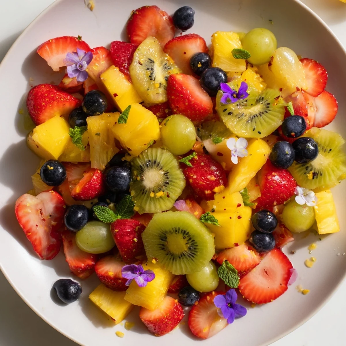 Colorful festive bow fruit medley: a refreshing fruit salad with bright berries, pineapple, and mango.