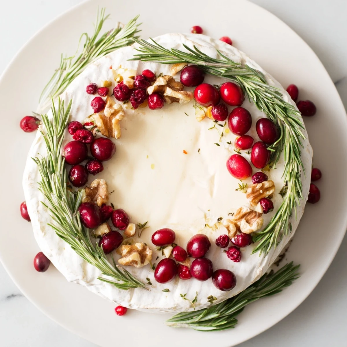 Creamy Brie cheese wheel with a vibrant rosemary wreath, ready to be enjoyed with crackers.