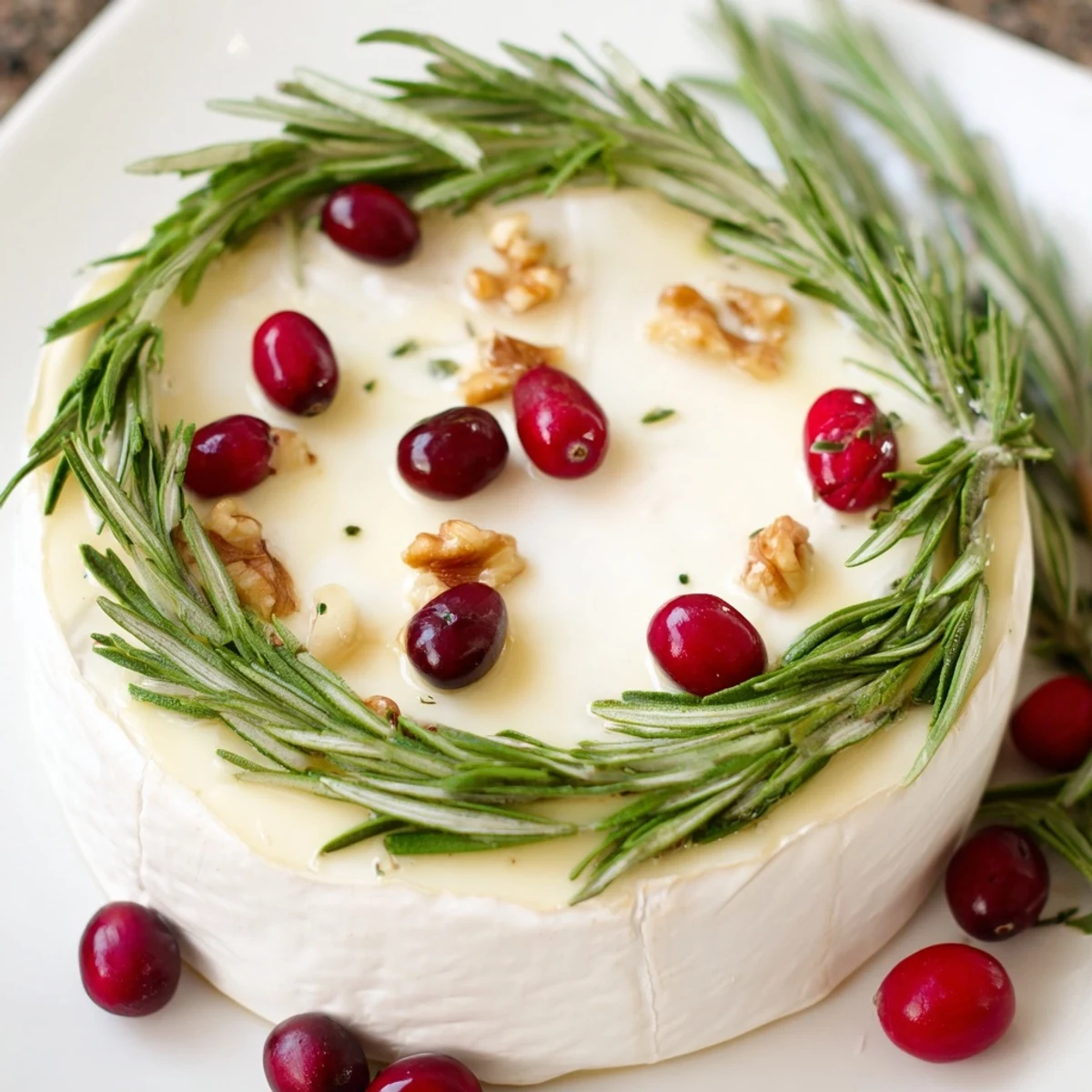 Unbaked Brie cheese wheel, beautifully decorated with rosemary, awaits crackers and fig jam.
