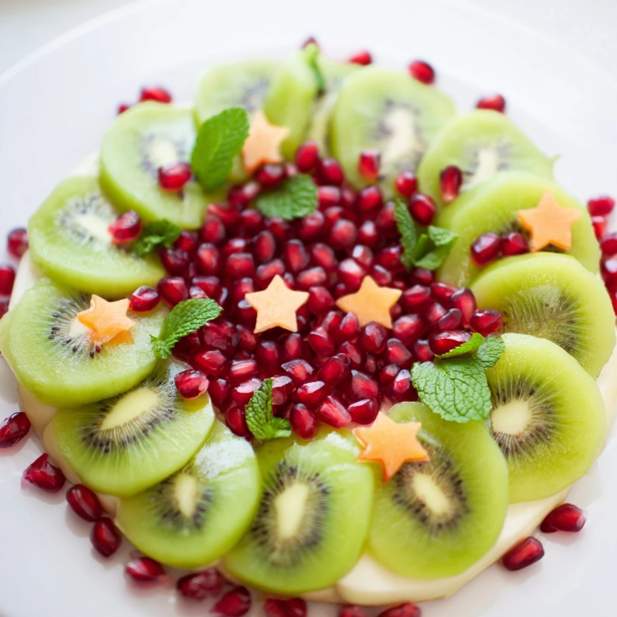 Bright, colorful Christmas wreath fruit plate with kiwi, pomegranate, and fresh mint, ready to serve.