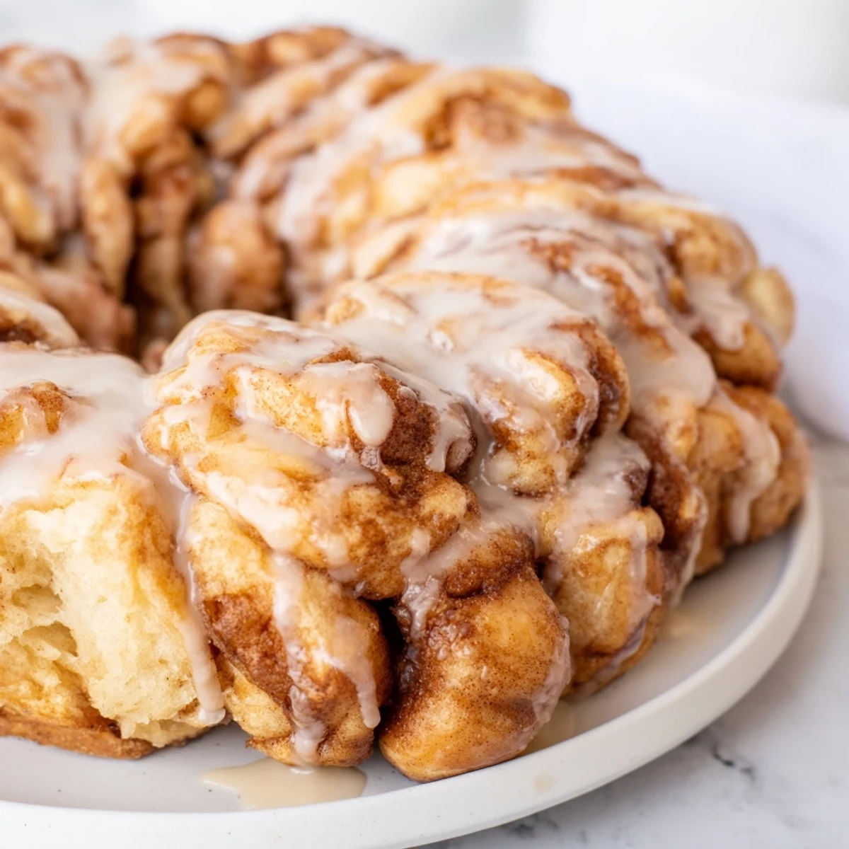 Warm, fluffy Cinnamon Roll Pull-Apart Wreath, drizzled with vanilla glaze, perfect for sharing at any brunch.
