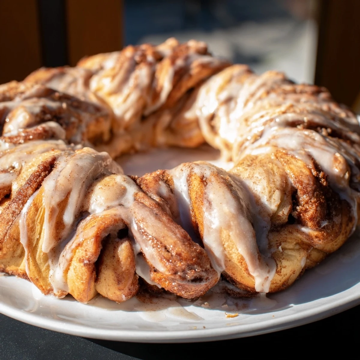 Delicious homemade Cinnamon Roll Pull-Apart Wreath, golden brown and smelling of cinnamon, ready to eat.