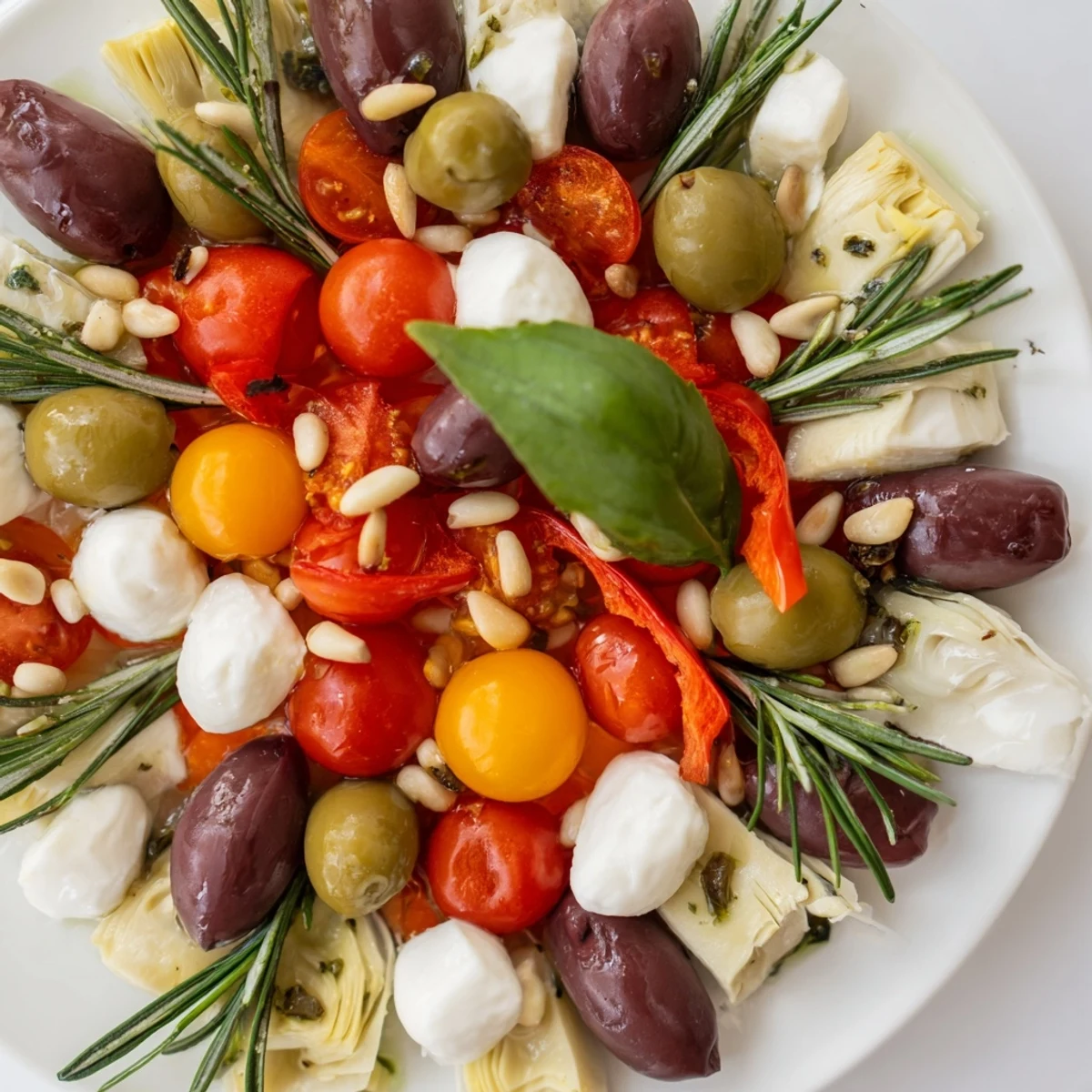 Festive olive and cherry tomato garland board, featuring Kalamata olives, mozzarella, and a fresh basil garnish.
