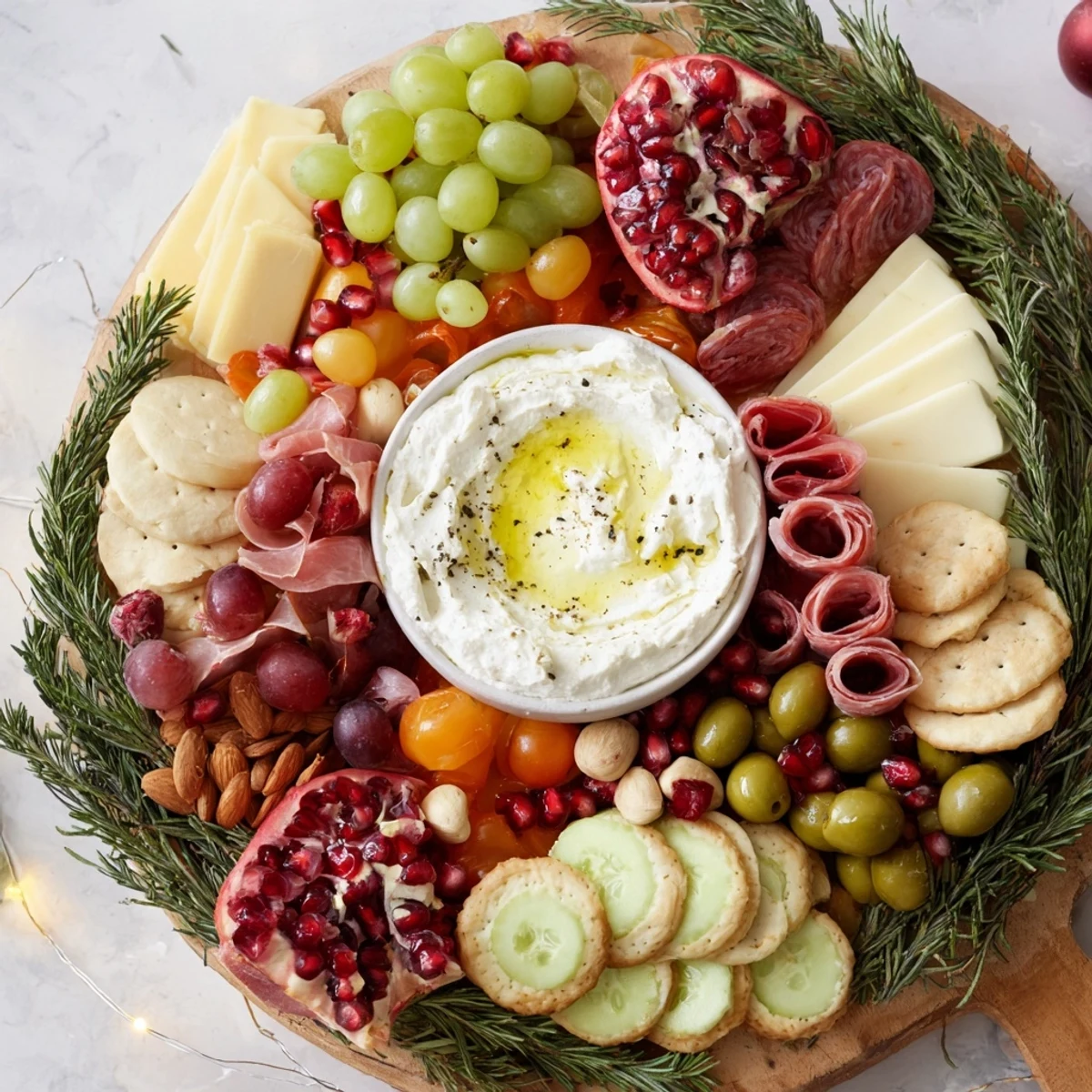 Festive evergreen wreath board appetizer with cheeses, meats, and vibrant fruits, ready to serve.