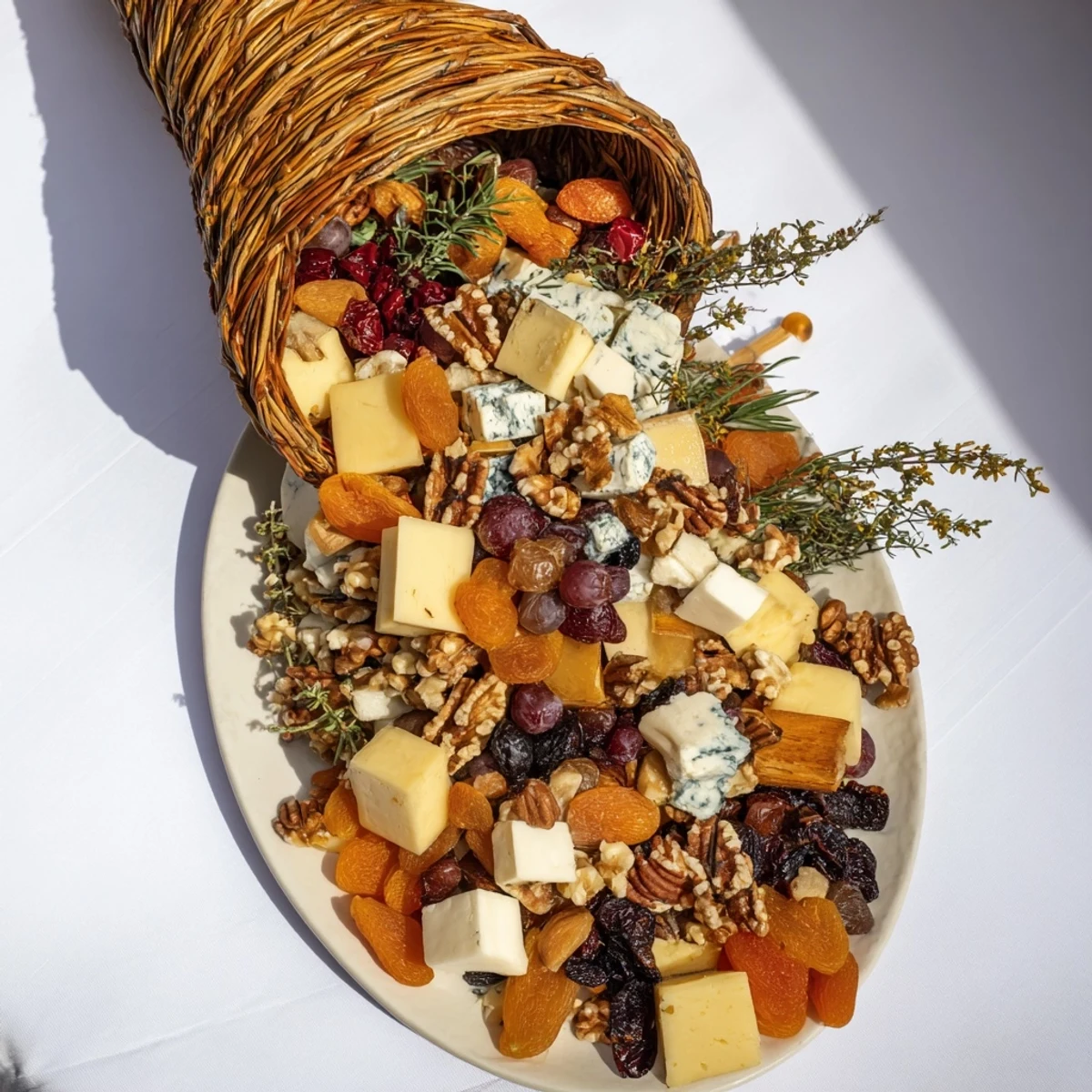 Vibrant image of an Autumn Harvest Horn of Plenty; cheese, fruit, and nuts are artfully arranged.