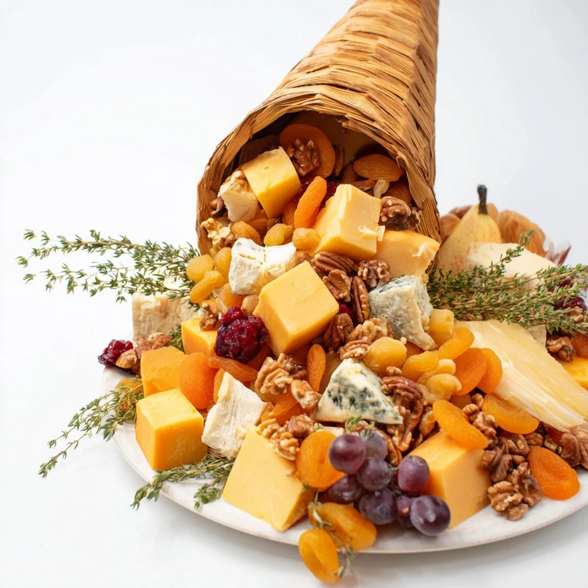 A close-up of a festive Autumn Harvest Horn of Plenty, ideal for a Thanksgiving appetizer spread.