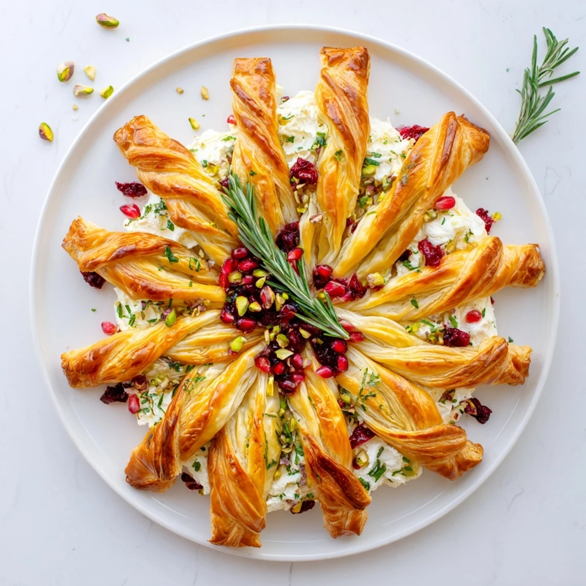 Golden-brown Cranberry Christmas Star appetizer, bursting with a sweet-tart cranberry filling and savory cheese.