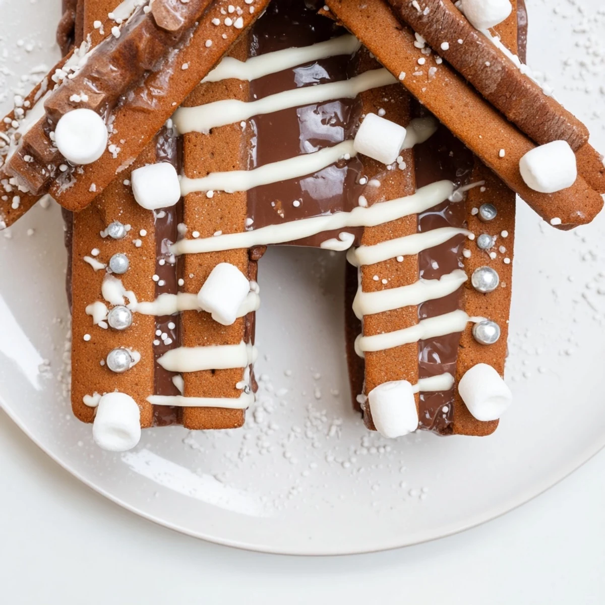 Warm gingerbread house frame, adorned with white chocolate icing, offers a festive holiday dessert scene.